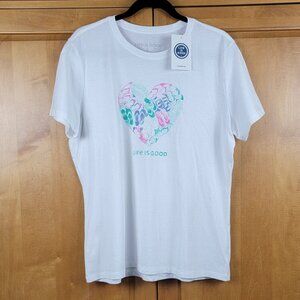 NWT Life Is Good White Crew Neck Short Sleeve Tee Flip Flop Heart - L